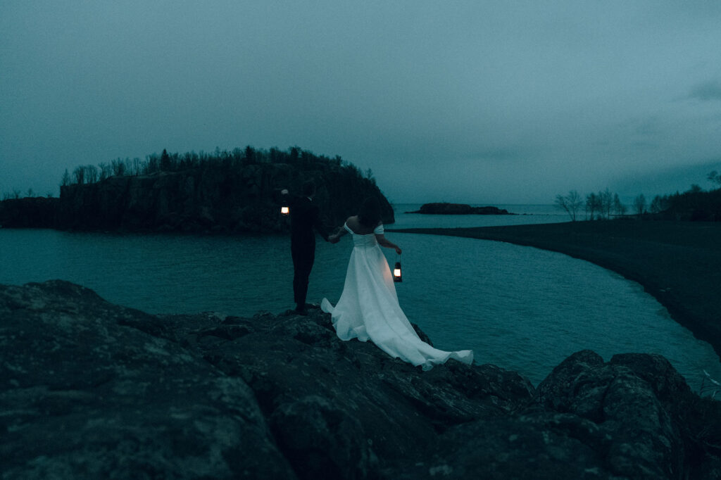 bride and groom blue hour portraits during intimate north shore wedding