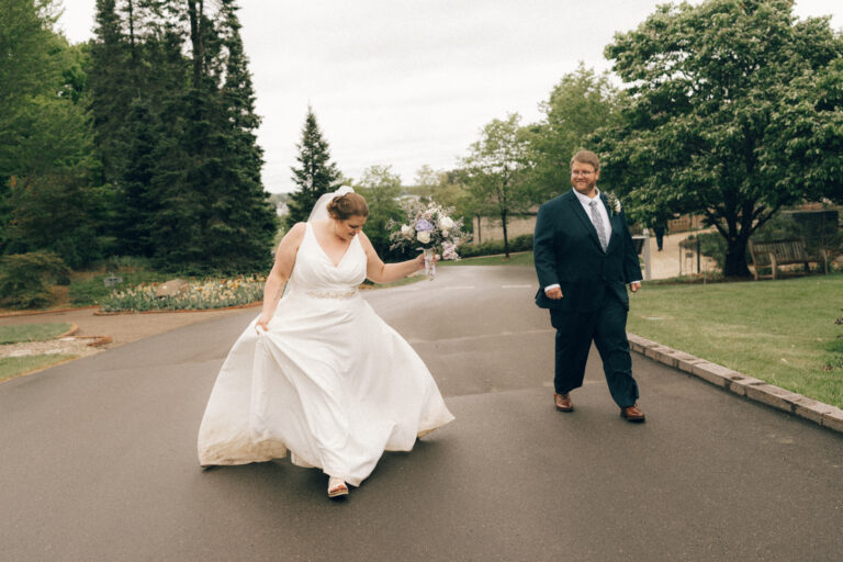 bride and groom walk side by side in celebration